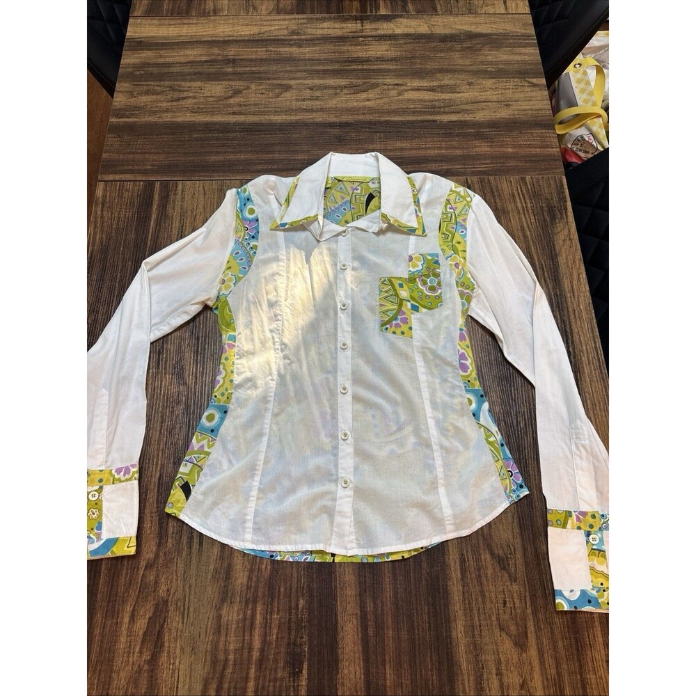 7 Diamonds Women's Long Sleeve Shirt Neon Green Fun Pattern! Size M - EIC